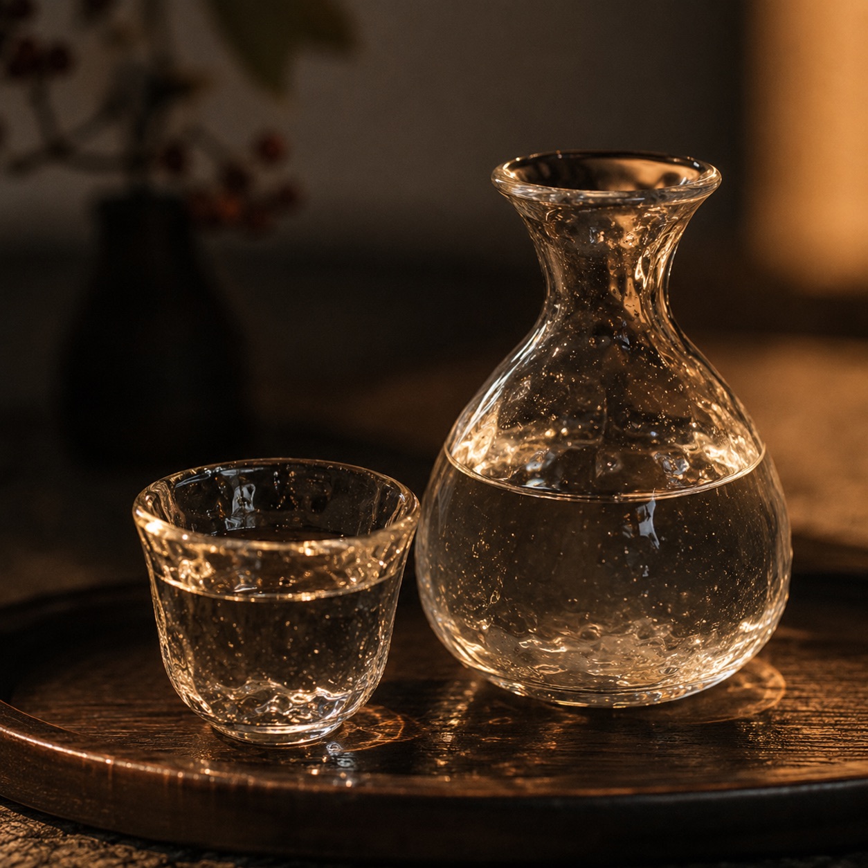 日本酒を注いだ、ガラスの酒器